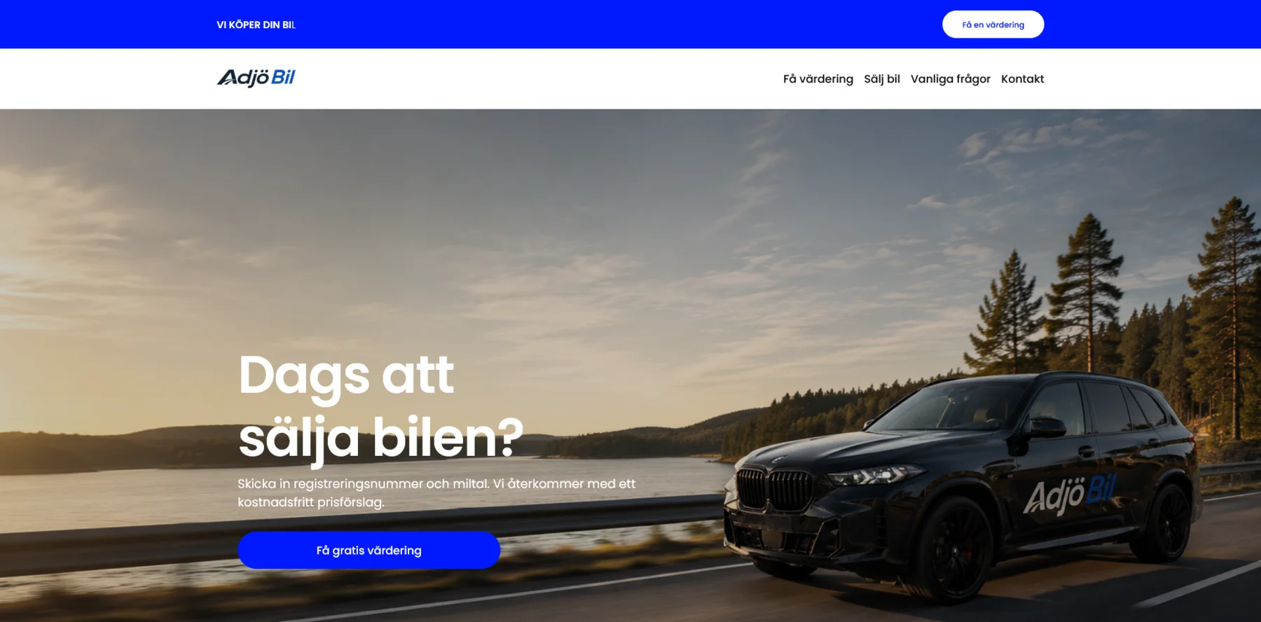 Adjö Bil startsida med kostnadsfri bilvärdering